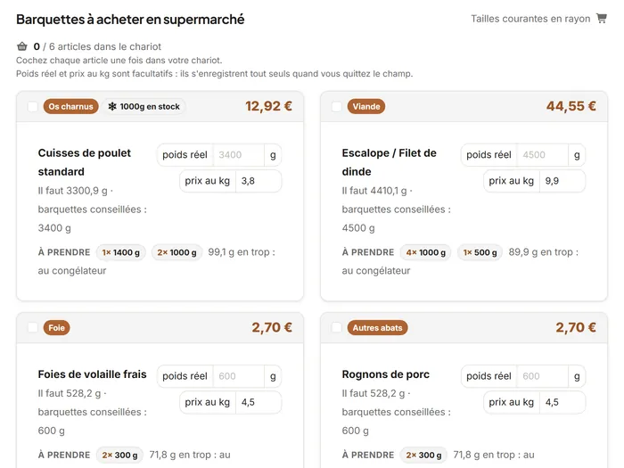 Liste de courses Rationnelle : pour chaque aliment, le nombre de barquettes à prendre en rayon et son prix