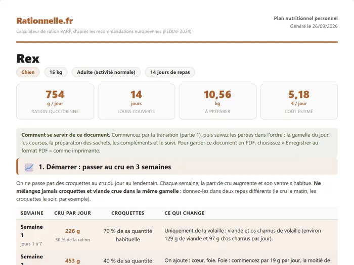 Document imprimable Rationnelle : la première page du plan, avec la ration du jour, le budget et le début de la transition